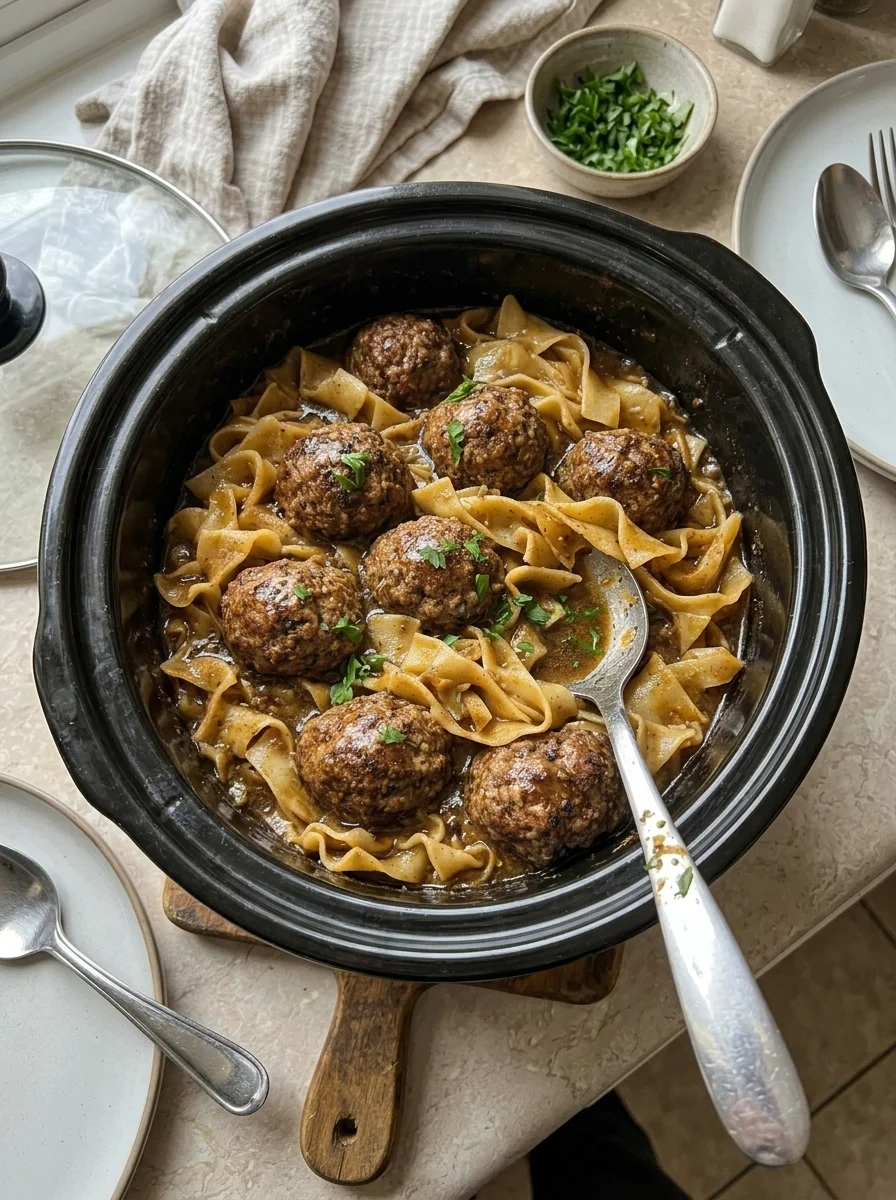 Slow Cooker Meatballs Egg Noodles in Rich Brown Gravy
