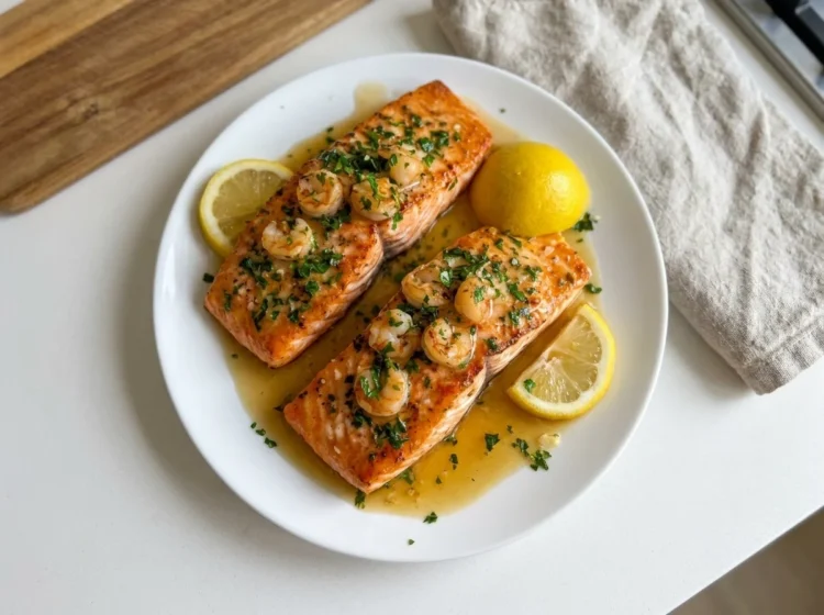 Garlic Butter Salmon with Juicy Shrimp Rich Lemon Herb Sauce