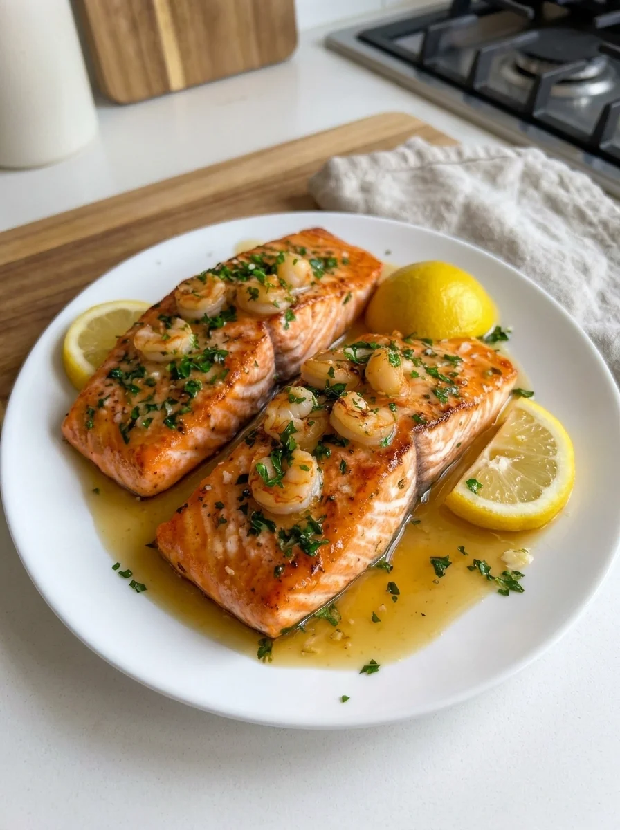 Garlic Butter Salmon with Juicy Shrimp Rich Lemon Herb Sauce