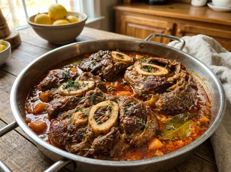 Slow-Braised Beef Shanks with Rich Tomato Gravy Fresh Herbs