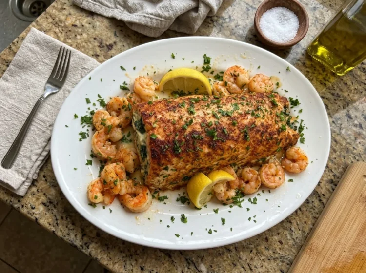 Creamy Spinach Shrimp Stuffed Salmon with Garlic Butter