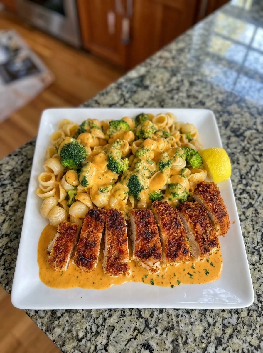 Crispy Cajun Chicken with Creamy Cheddar Broccoli Shells