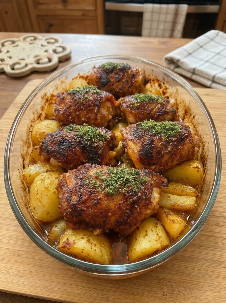 Oven-Baked Garlic Paprika Chicken Thighs with Golden Herb-Roasted Potatoes