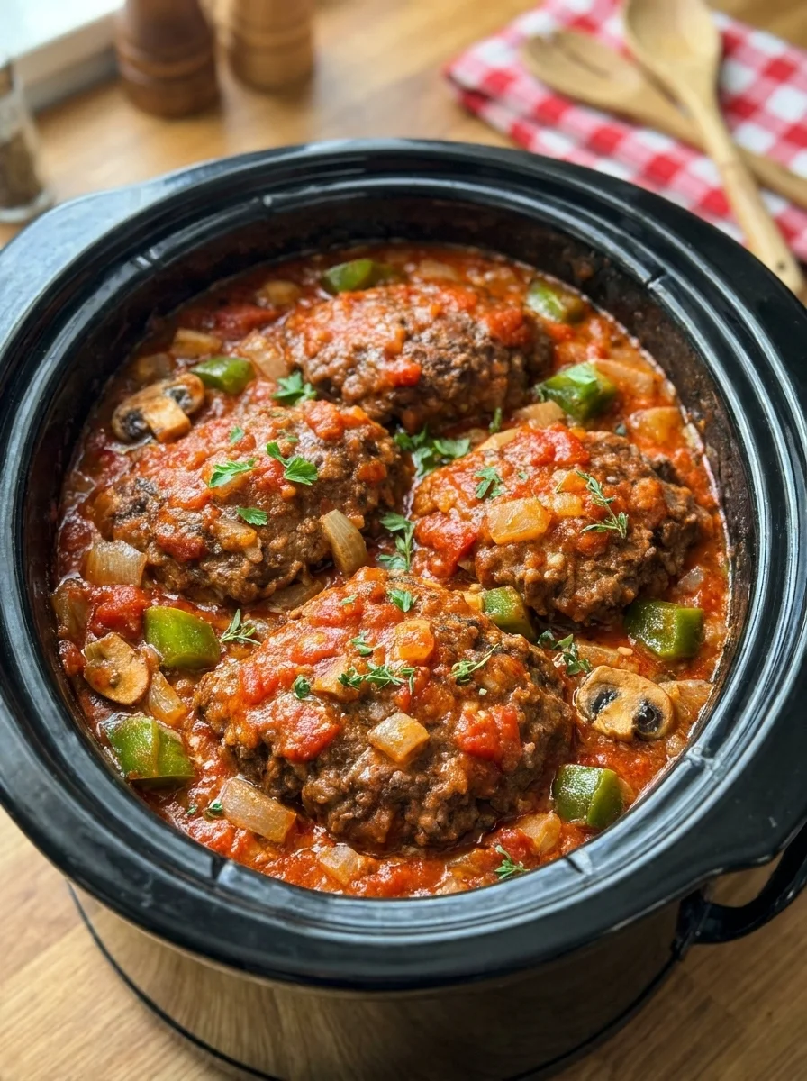 Slow Cooker Salisbury Steak with Rich Tomato Mushroom Gravy