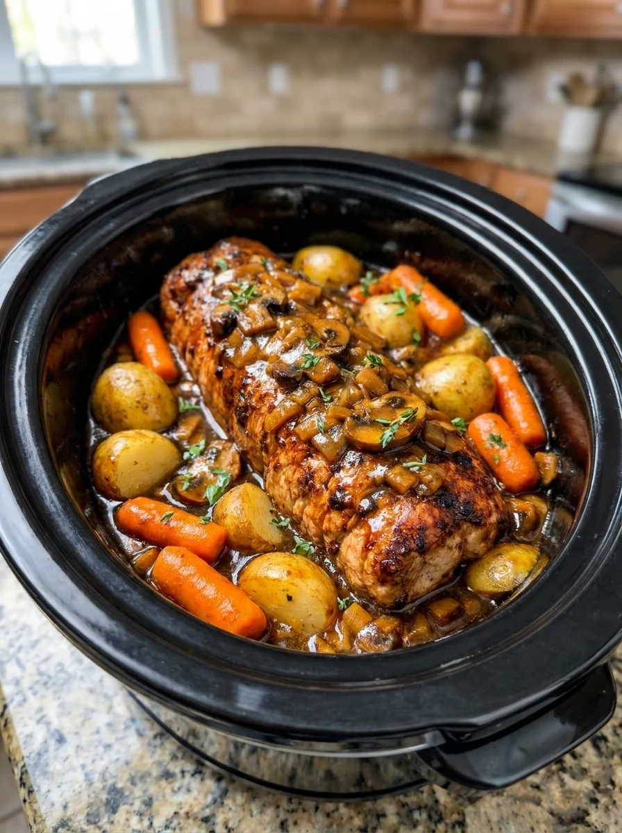 Slow Cooker Garlic Butter Beef Roast with Mushroom Gravy
