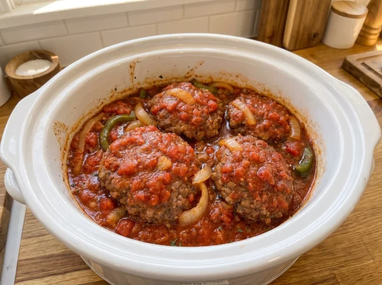 Slow Cooker Smothered Hamburger Steaks with Tomato Onions