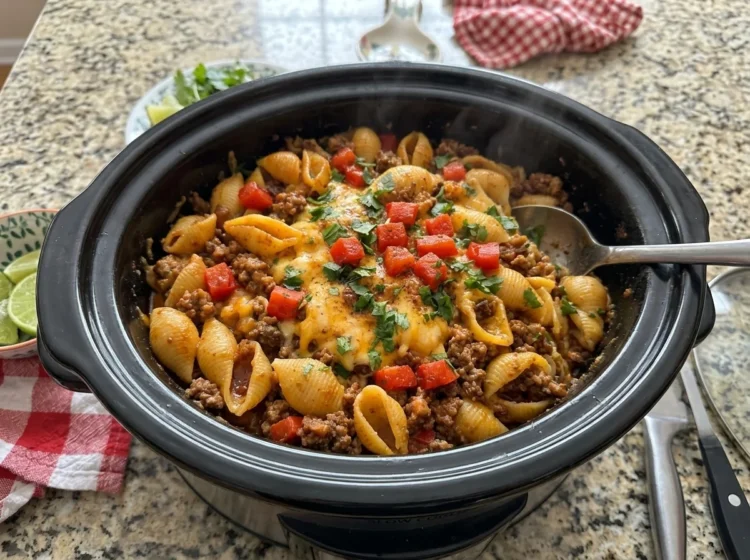Cheesy Slow Cooker Taco Pasta Shells