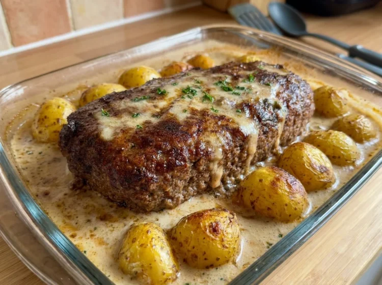Garlic Parmesan Meatloaf with Creamy Roasted Baby Potatoes