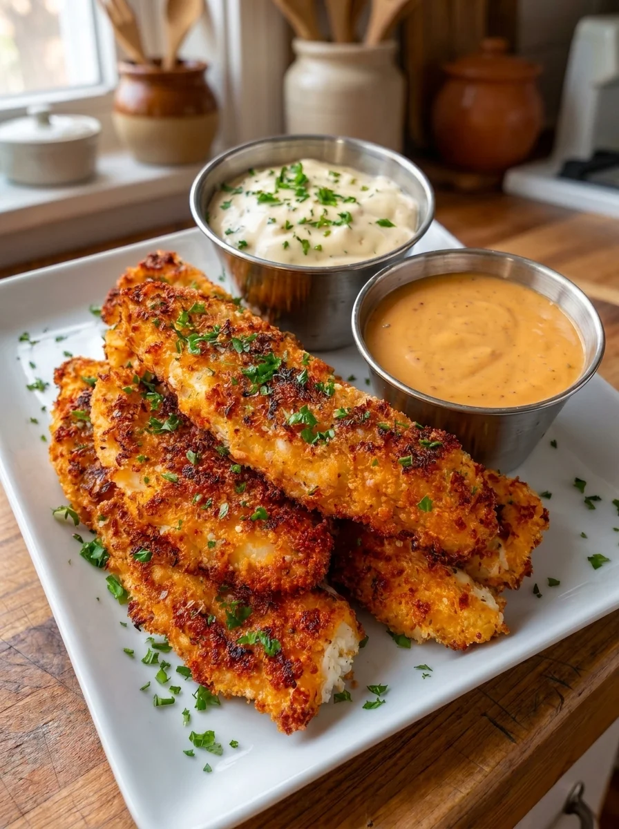 Crispy Golden Parmesan Chicken Tenders with Creamy Garlic Dip