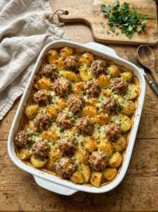 Cheesy Baked Meatballs and Potatoes with Creamy Garlic Herb Sauce