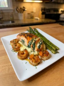 Garlic Butter Shrimp-Stuffed Salmon with Creamy Mash