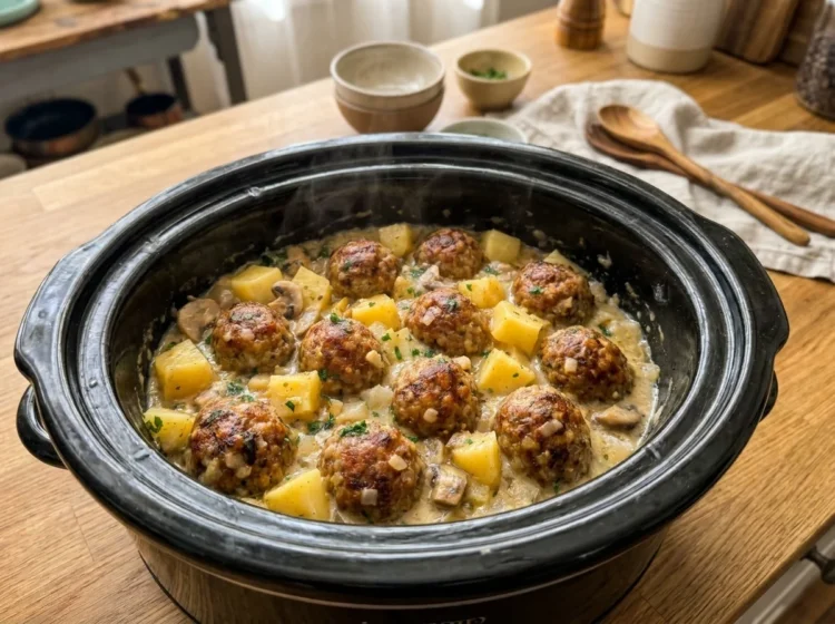 Slow Cooker Garlic Butter Meatballs with Creamy Mushroom Gravy