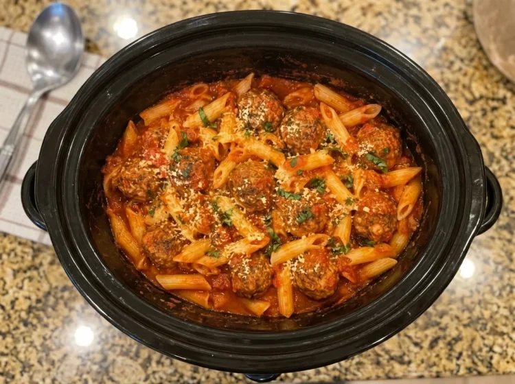 Slow Cooker Italian Meatballs Penne Pasta in Rich Tomato Sauce