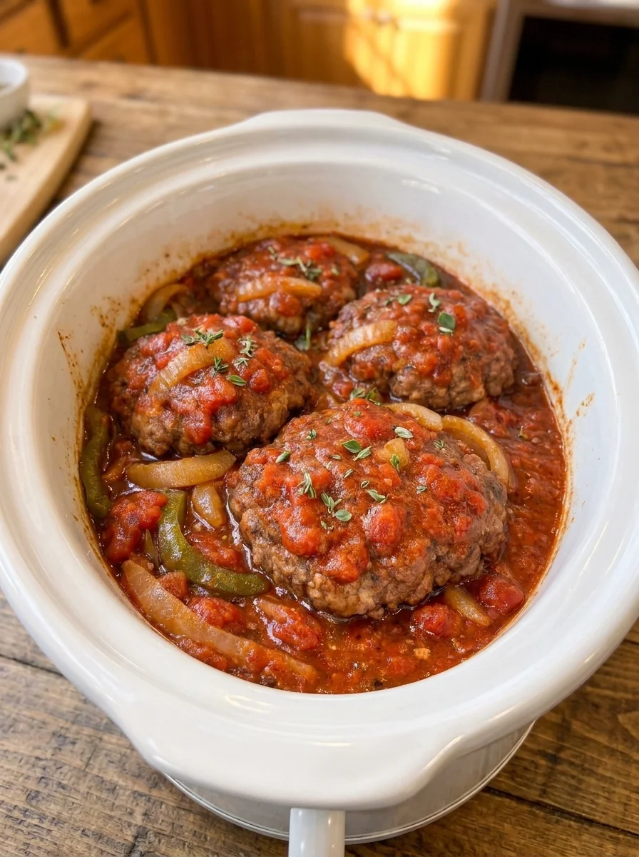 Slow Cooker Smothered Hamburger Steaks with Tomato Onions